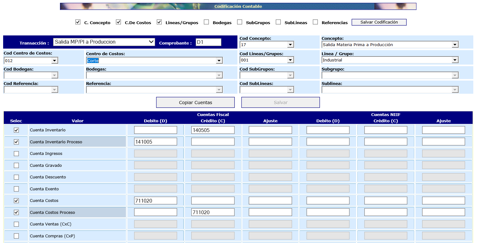 Codificación contable · cuentas fiscales y NIIF
